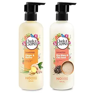 Buds & Berries Hair Shampoo Combo Offer | Rice Water, Chia Seeds Nourishment Shampoo + Ginger, Vetiver Anti-Dandruff Shampoo (300ml + 300ml)