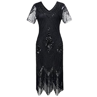 JaosWish Robe Gatsby Année 1920 à Double Col V Manches Courtes Creusantes Sequins et Franges Style Elégant Soirée Cocktail
