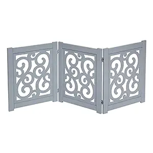 HOME DISTRICT Dog Gate Freestanding Pet Gate 4-Panel & 3 Panel Pet Gate for Dogs Folding Dog Gate Quadfold & Trifold Pet Gate for Small Dogs Decorative Pet Gate for Dogs Indoor, Grey Scroll 47