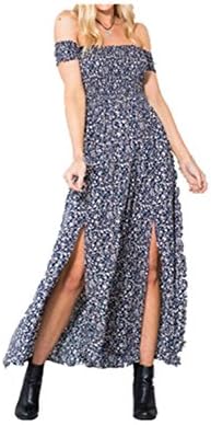 koobea Womens Sexy Summer Off The Shoulder Floral Printed Slit Strapless Bardot Maxi Beach Bohemian Dresses - Blue-XL