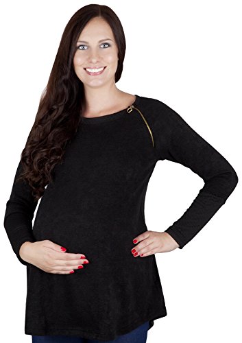 Mija – Unique Maternity sweater pullover Tunic loose fit with zipper 3036 (12 / 14, Black)