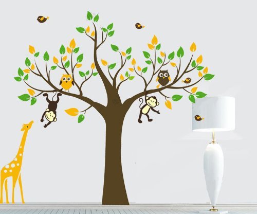 WallStickersDecal® Affe, Giraffe & Eule spielen auf Baum Wandtattoo Wandaufkleber 180cm(H)(große) - 3