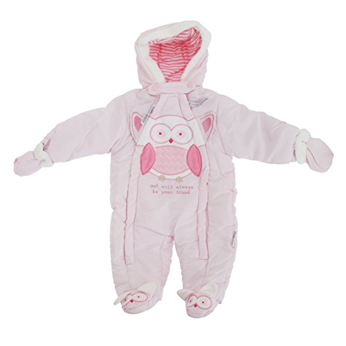 Girls Baby Pink Hooded OWL DESIGN Snowsuit Inc Detachable Mittens Newborn