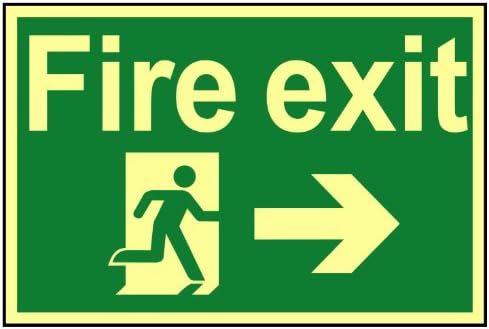 Fire Exit Running Man Arrow Right Sign - Fire Safety - Photoluminescent Glow In The Dark - Rigid PVC - 300mm x 200mm