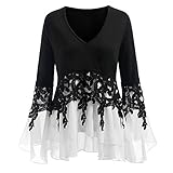 iHENGH Damen Frühling Sommer Top Bluse Bequem Lässig Mode Frauen Farbblock Langarm Brief Print Oansatz Sweatshirt Pullover Top Bluse(Schwarz, S)