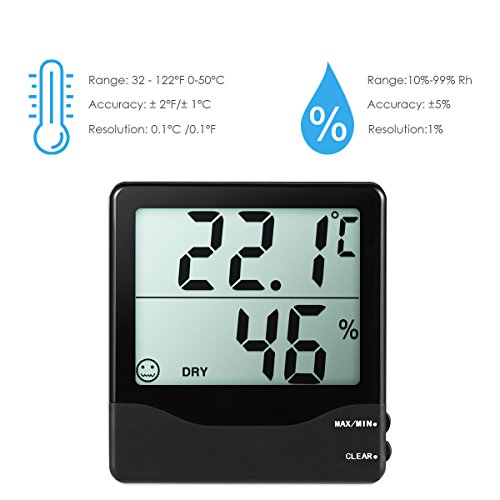 Amir Hygrometer Thermometer, Hygrometer Digital, Indoor Digitales Thermo-Hygrometer Luftfeuchtigkeit Messer Thermometer Hygrometer mit Min/Max und LCD Schirm für Schlafzimmer, Büro, Wohnzimmer, usw.(Schwarz) - 2