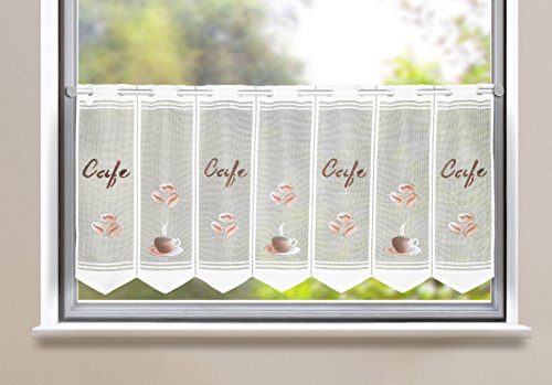 Dekorative kürzbare handveredelte Bistrogardine " COFFEE BREAK " mit Stangendurchzug - Scheibengardine Küchengardine - mit zauberhaften handgesprühten Motiven aus der Kaffee - Welt - kinderleicht in der Breite mit einfacher Schere kürzbar - halbtransparent - ca. Breite 100 cm / Höhe 45 cm - ein besonderer Hingucker in jedem Raum - NEU aus dem KAMACA-SHOP (weiss braun)