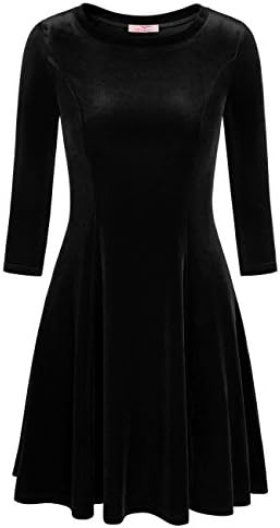 Slivexy Women's Soft Velvet 3/4 Sleeve Round Neck A-Line Swing Dress Black Large