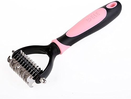 IVIDZ Professional Pet Dog Cat Grooming Stripping Tool - Undercoat Dematting Rake Comb Double Brush Teeth (Pink)