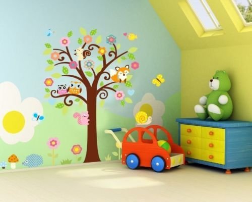 Walls ticke rsdecal® Jungla Bosque búho, ardilla Fox & Canto en Multicolores de algodón Tatuajes de pared para habitación de los Niños, amarillo, 1 - Pack