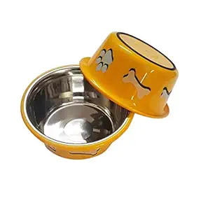Elton Paw & Bone Cutie Bowls (Yellow) Dog Bowls Export Quality Inside Stainless Steel Dog Food Bowl Feeder Bowls Pet Bowl for Feeding Dogs Cats and Pets (Large 1.80 L) Set of - 2
