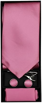 Mens 4 Piece Tie Set Gift Box Classic Plain Tie Cufflinks Pocket Square Tie Clip Wedding Prom Party [Pink]