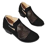  Botas Mujer Tacon Ancho Medio Ante Cuero Tobillo 4 CM Cuña Ankle Boots Botines Planos Respirable Moda Verano Negro 40