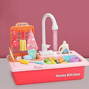 VikriDa Play Sink with Running Water, Kids Play Kitchen Toy Sink Electronic Dishwasher, Pretend Role Play Kitchen Toys Set with Upgraded Working Faucet and Dishes Playset for Girls, Toddler and Girls