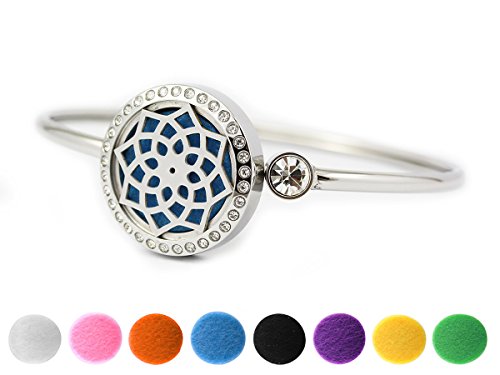 Diffuser Bracelets 25mm Aromatherapy Perfume Fragrance Essential Oil Crystal Locket Bangles for Women with 8 Pcs Refill Pads (Lotus)