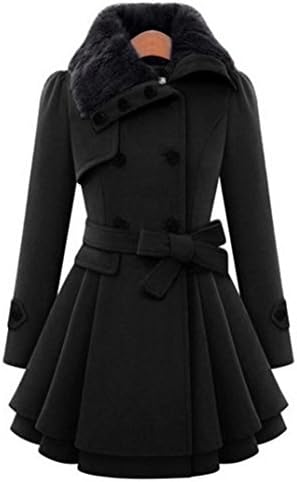 LILICAT Womens Overcoat, Women Fashion Casual Korean Warm Faux Fur Lapel Double-Breasted Long Sleeve Coat Jacket Thick Slim Parka Overcoat Faux Wool Long Winter Outwear (Black, Size:M)