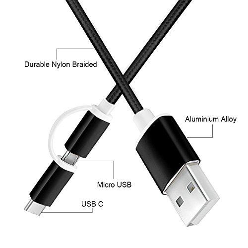 2 in 1 Ladekabel, 1.2m kabel Nylon umflochtenes Micro auf Type C USB Ladegerät für Samsung S5 S6 S7 Und the new MacBook, ChromeBook Pixel, Nexus 5X, Nexus 6P, Nokia N1 Tablet, OnePlus 2 und andere USB-C-Geräte(Schwarz) - 5