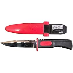 Cuchillo de pesca submarina Muela Serie Marina SUB-12.4, 12 cm de largo, color rojo, puño de goma y funda roja + tarjeta multiusos de regalo