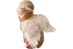 UPOSAO Neugeborenen Fotografie Requisiten,Baby Fotografie Prop Feder Engel Feder Flügel Fotoshooting Kostüm mit Stirnband Outfits Bekleidung Haarband Set für Geburtstag Party Fotografie für Baby 0-2 Monaten