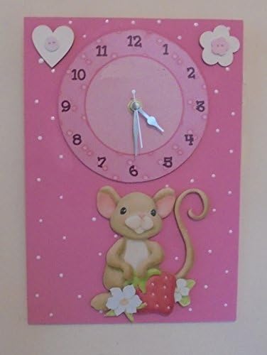 Mouse&amp; Strawberry Wall Clock 'No Tick' Childrens Kids Child Handmade Plaque Sign Wall Art