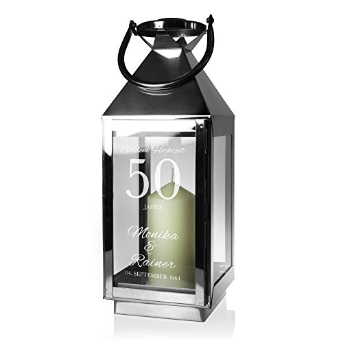 Edelstahl Laterne „ELEGANT“ Silber Metall Glas – Windlicht zur Goldenen Hochzeit mit Gravur – Personalisiert mit [WUNSCHNAMEN] und [DATUM] – [MOTIV 50 Jahre] - 2
