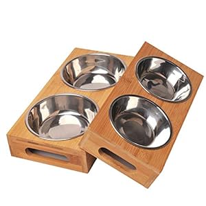 bozitian Comedero para Mascotas Perros Y Gatos Dos Cuencos De Acero Inoxidable Hecho De Materiales De Fibra De Bambú Natural para Mascotas Uso En Casa