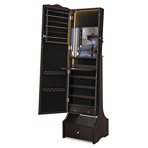 Preisvergleich Produktbild SONGMICS Schmuckschrank mit LED Beleuchtung, abschließbarer Spiegelschrank, mit Innenspiegel und klappbarer Innenablage für Make-up, Braun JBC87BR