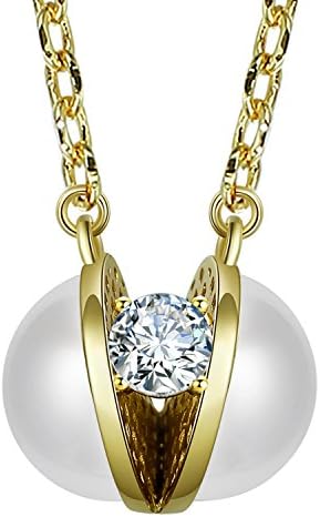 Fancilla Semi-Open Simulated Pearl and Sparkle Diamond Gold Pendant Necklace Fashion Jewellery for Lady, 18’’ (14k Gold Plated)