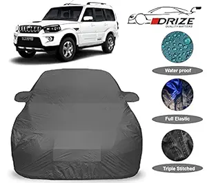 DRIZE Prime Quality Waterproof Car Body Cover for Mahindra Scorpio with Mirror Pockets-Triple Stitched-Fully Elastic-Ultra Surface Body Protection (Grey Look)