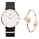 Mini Will Damen Armbanduhren Ultra Dünne Schwarz Nylon Band Weiß Zifferblatt Unisex Analoge Quarz,Edelstahl Kleid Quarzuhr,Einfache Armbanduhr für Frauen Männer mit Rosegold Damen Armband