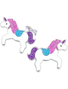 GH1a Glitzer Einhorn Ohrstecker 925 Echt Silber Ohrringe Kinder Pferd Emaille 0002