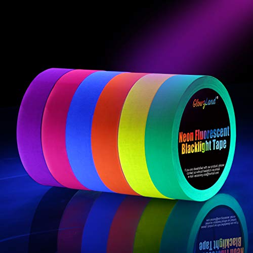 Neon Tape [6 Rollos] Cinta Adhesiva,UV Fluorescente Luz Negra, Neón Gaffer Tape, Glow In The Dark, Blacklight, 6 Colores, 25MM*15M Por Rollo, Para Suministros De Fiesta De Luz Negra