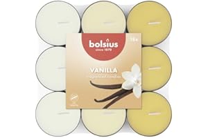 Bolsius - 18 Bougies Chauffe-Plat Parfumées – Vanille - Durée de Combustion de 3.5 Heures - Diamètre 38 mm - Extraits Naturels - Contient de la Cire Végétalienne - Sans Huile de Palme
