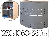 MODULO DE RECEPCION CIRCULAR 5100AA01 ESTRUCTURA MELAMINA Y ACERO 1250X1060X380 CMREFERENCIA:5100AA01Código de Barras:8427951994264Mostrador para conferencias fabricado con estructura de aluminio anodizadoen plata mate y plancha de aluminio perforada del mismo color. La superficie inclinada, la base y el estante son de madera de haya. La base incluye4 niveladores regulables en altura para corregir los desniveles del suelo. Medidas: 125 x 38 x 106 cm. Su estructura permite almacenar t