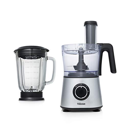 Tristar Robot de Cuisine Multifonction MX-4823, Bol Hachoir, Lame pour Couper Finement et râper, Blender 1,5l, Argenté
