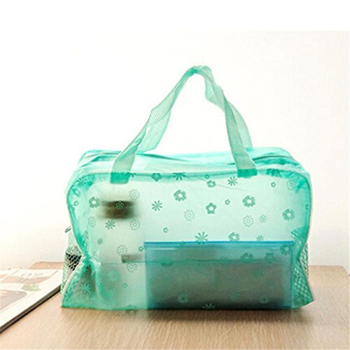 Damen Blumen Transparent Belüften Netto Kosmetik Make-up Tasche Beutel Bade Taschen Grün - 2