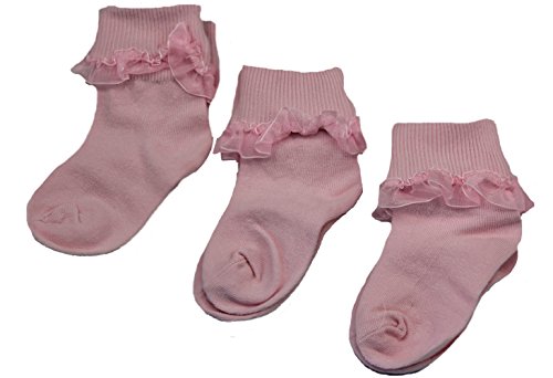 New 3 pairs of Pink frill baby girl socks - shoe size 00, 0-2.5 & 3-5.5 (nebworn to 24 months) (shoe soxe 00 (approx 0-3 months))
