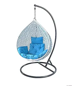Urban Delight Single Seater |Swing Chair with Stand & Cushion & Hook Outdoor Indoor| Outdoor| Living Room | Balcony | Garden | Patio | Home Improvement ( Stand-Brown, Swing -Blue/White, Cushion-Blue)