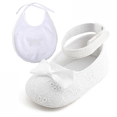 DELEBAO Scarpe Primi Passi Bambini Scarpe Battesimo del Bambino Bianco Scarpe morbide Sole Bambino Scarpe (Scarpe&Bavaglini,0-6 Mesi)