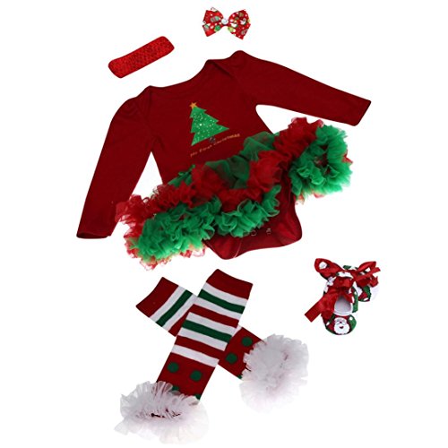 ZARU Mono recién Nacido del bebé Romper Vestido con tutú Ropa de los Sistemas para bebé 4 Piezas Trajes de Navidad (M, Rojo)