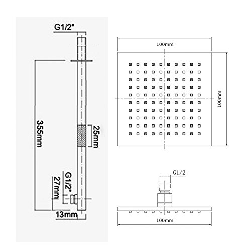 Enki klein Duschkopf, quadratisch Modern Edelstahl 100 x 100 mm Wandarm 350 mm - 6