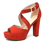  Angkorly - Zapatillas Moda Sandalias Tacón escarpín Tacones Altos Plataforma Matrimonio Ceremonia Mujer Correas Cruzadas básica básica Tacón Ancho Alto 11.5 CM - Rojo B-88 T 39