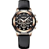 Hswt Quarzuhr für Frauen Damenuhr Mode Lederband Simulierte Abstandsüberwachung Zubehör ansehen Wasserdicht Weibliche Studentenuhr Mit Kalender,Black