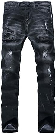 YiANKun Men's Black Biker Moto Ripped Distressed Slim Fit Straight Denim Jeans W34