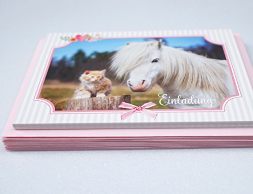 8er oder 15er Set (inkl. Umschläge): Einladungskarten „Pferd & Katze“ für den Kindergeburtstag oder anderen Anlass – hochwertige Geburtstagseinladungen für Mädchen, Kinder, Pferde-Fans - 3