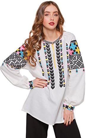 Embroidered Shirt white woman. Ukrainian Vyshyvanka Boho sleeve blouse (S)