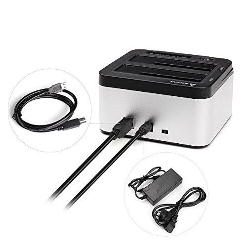 Salcar USB 3.0 Offline Klon Docking Station mit 2 Einschüben, optimiert für HDD/SSD Festplatte, 2,5″ und 3,5″, 2,5 und 3,5 Zoll (SATA I / II / III), inklusive USB 3.0 Kabel und 12V 4A Netzteil, unterstützt 2x 6TB (Silber) - 5
