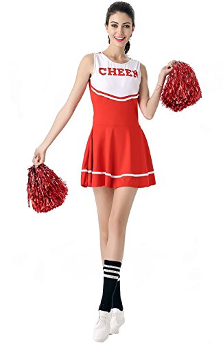 ThreeH Pom-Pom Girl Costume d'écolière Robe Cheerleading pour Cosplay Halloween Pas de Pompons C40,Red