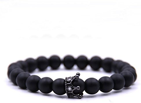 Aruie Jewellery Couple Bracelet Bangle Royal Crown Simulated Diamond Rhinestone Buddha Bead Ball Matte Stone Elastic Hand Chain Charm Gift For Men Women - Black