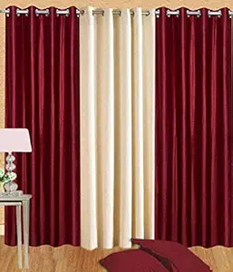 V.S Furnishing Polyester Solid Plain Crush Curtains for Long Door 9ft , Set of 3, Maroon , Cream